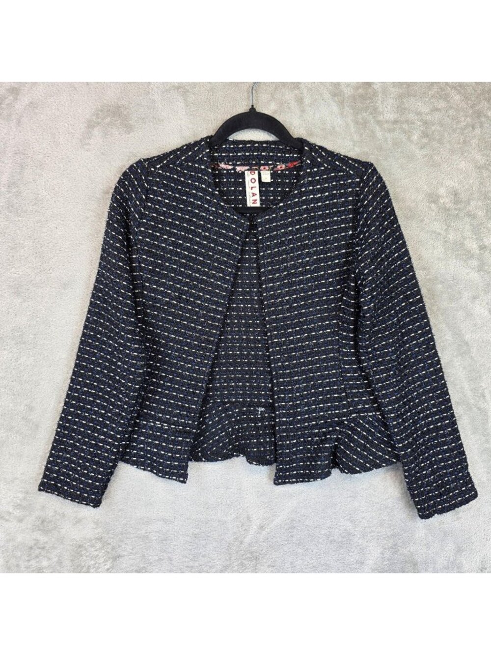 Dolan Jacket Womens XS Black Blue Tweed Open Front Peplum Hem Short Striped